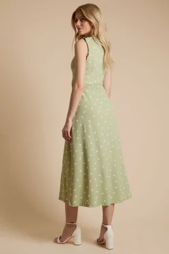 Robe Midi En Jersey Imprimé À Pois Verts Avec Col En V Et Taille Froncée