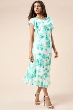 Robe Midi en Jersey Maille Petite à Imprimé Floral Vert avec Manches à Volants et Détail Ceinture