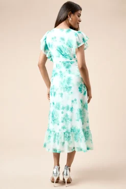 Robe Midi en Jersey Maille Petite à Imprimé Floral Vert avec Manches à Volants et Détail Ceinture