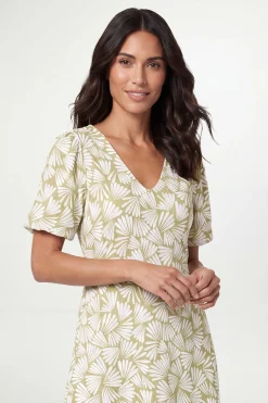 Robe Midi En Jersey À Manches Bouffantes Imprimé Éventail