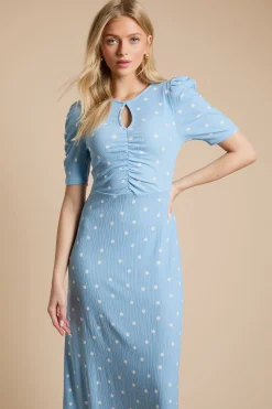 Robe Midi En Jersey À Manches Courtes Avec Découpe Goutte D'eau À Pois Bleus