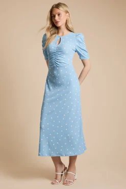 Robe Midi En Jersey À Manches Courtes Avec Découpe Goutte D'eau À Pois Bleus