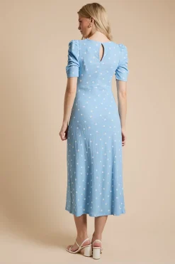 Robe Midi En Jersey À Manches Courtes Avec Découpe Goutte D'eau À Pois Bleus