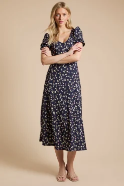 Robe Midi En Jersey À Manches Courtes Imprimé Fleuri Ditsy Bleu Marine
