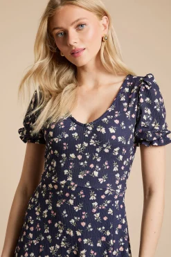 Robe Midi En Jersey À Manches Courtes Imprimé Fleuri Ditsy Bleu Marine