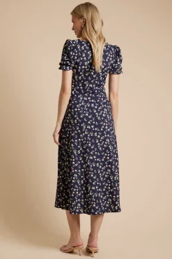 Robe Midi En Jersey À Manches Courtes Imprimé Fleuri Ditsy Bleu Marine
