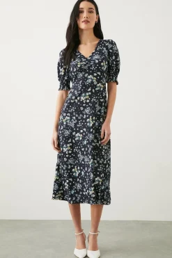 Robe Midi En Jersey À Manchettes Froncées Motif Fleuri Marine Petite Taille