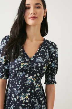Robe Midi En Jersey À Manchettes Froncées Motif Fleuri Marine Petite Taille