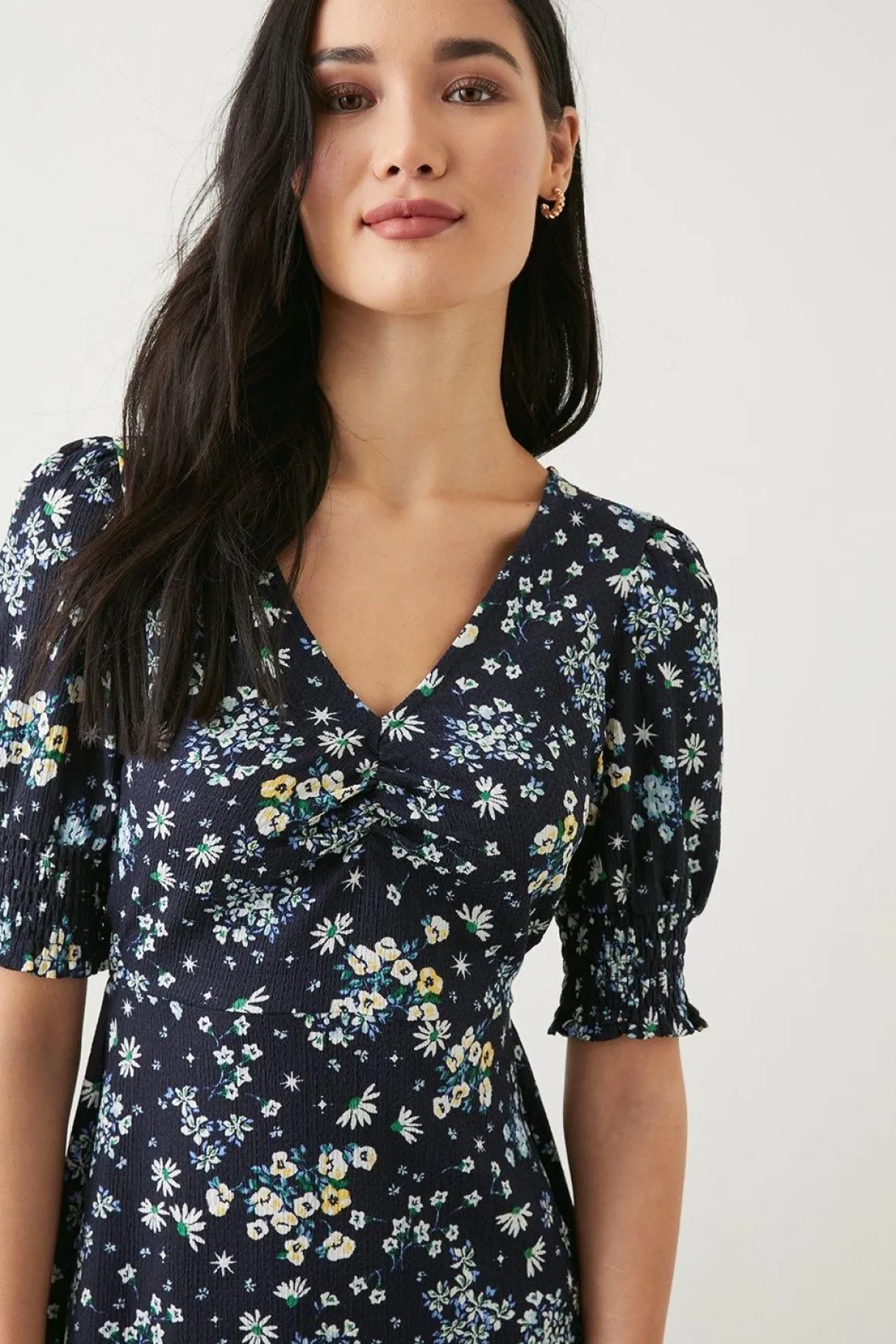Robe Midi En Jersey À Manchettes Froncées Motif Fleuri Marine Petite Taille