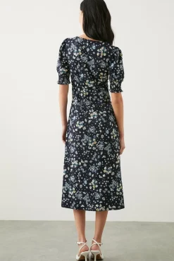 Robe Midi En Jersey À Manchettes Froncées Motif Fleuri Marine Petite Taille