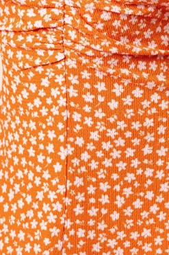 Robe Midi en Jersey Orange Petite à Imprimé Ditsy avec Encolure à Volants et Fronces Devant