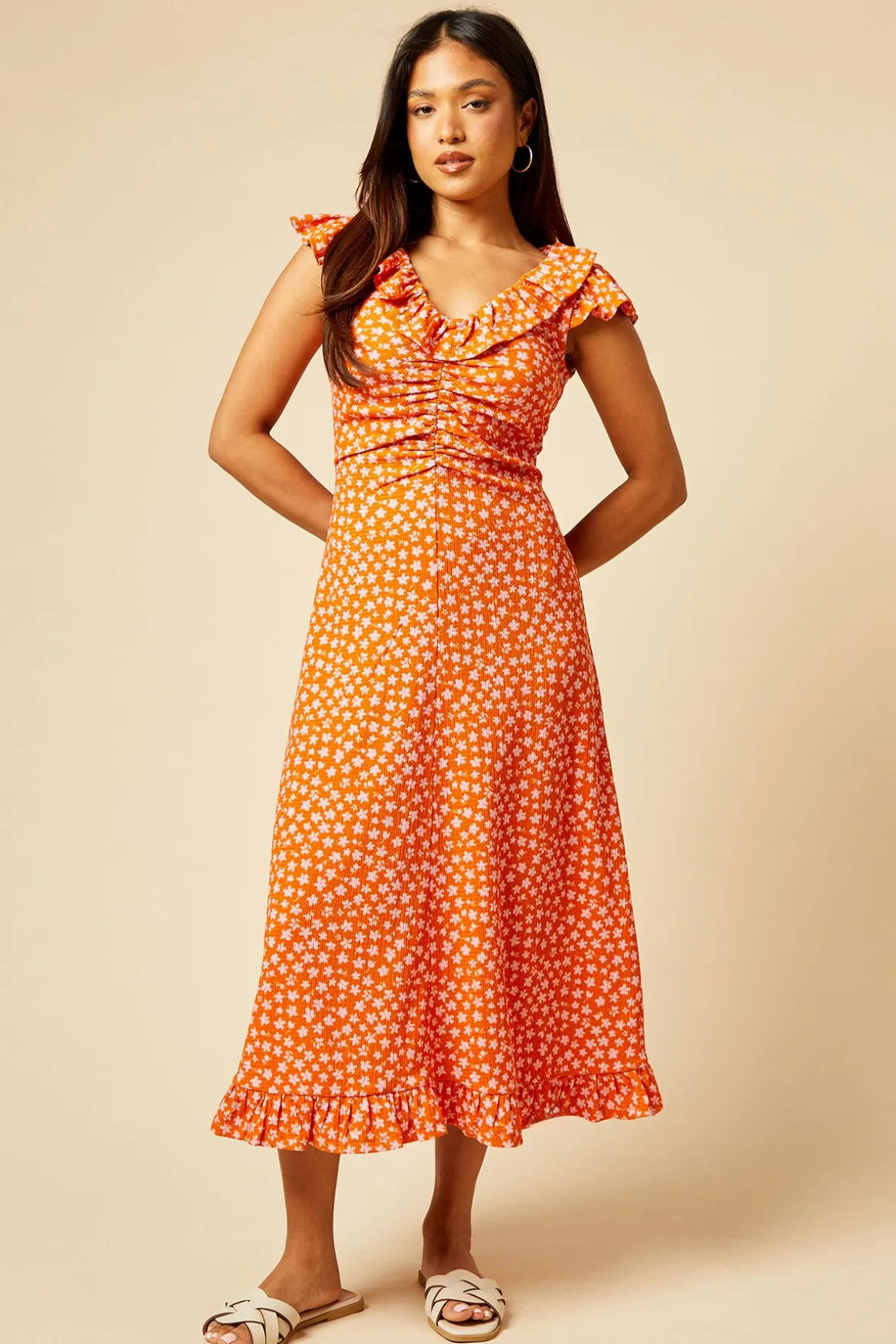 Robe Midi en Jersey Orange Petite à Imprimé Ditsy avec Encolure à Volants et Fronces Devant