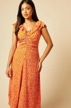 Robe Midi en Jersey Orange Petite à Imprimé Ditsy avec Encolure à Volants et Fronces Devant