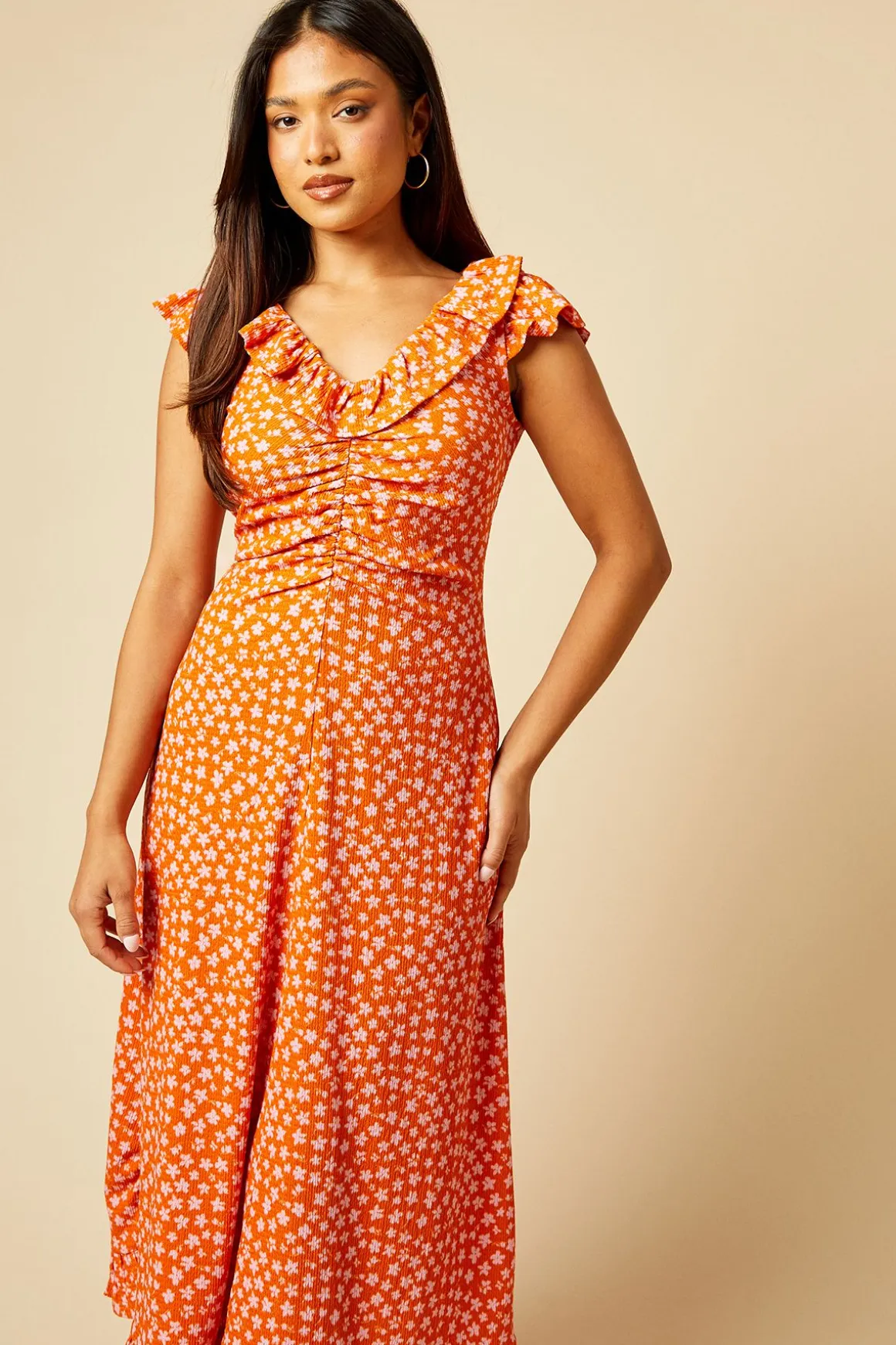 Robe Midi en Jersey Orange Petite à Imprimé Ditsy avec Encolure à Volants et Fronces Devant