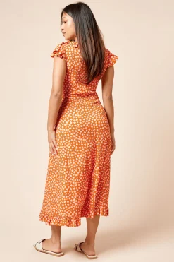 Robe Midi en Jersey Orange Petite à Imprimé Ditsy avec Encolure à Volants et Fronces Devant