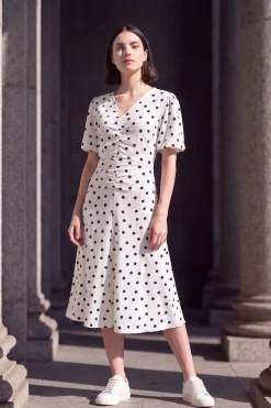 Robe Midi En Jersey À Pois Avec Manches Bouffantes Et Détails Froncés