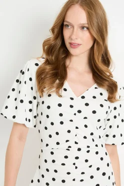 Robe Midi En Jersey À Pois Avec Manches Bouffantes Et Détails Froncés