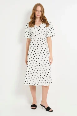 Robe Midi En Jersey À Pois Avec Manches Bouffantes Et Détails Froncés