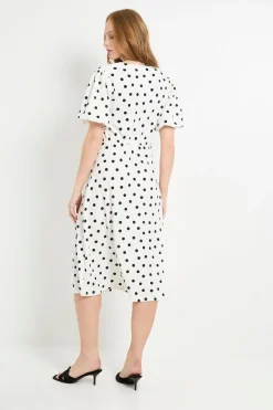 Robe Midi En Jersey À Pois Avec Manches Bouffantes Et Détails Froncés