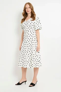 Robe Midi En Jersey À Pois Avec Manches Bouffantes Et Détails Froncés
