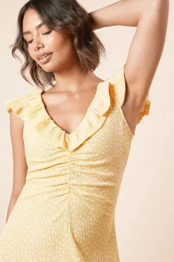 Dorothy Perkins Robe Midi En Jersey À Pois Jaunes Avec Col À Volants Et Fronces Sur Le Devant<Femme Robes|Robes Mi-Longues