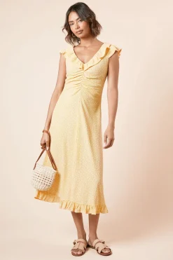 Dorothy Perkins Robe Midi En Jersey À Pois Jaunes Avec Col À Volants Et Fronces Sur Le Devant<Femme Robes|Robes Mi-Longues