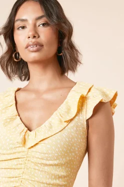 Dorothy Perkins Robe Midi En Jersey À Pois Jaunes Avec Col À Volants Et Fronces Sur Le Devant<Femme Robes|Robes Mi-Longues