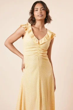 Dorothy Perkins Robe Midi En Jersey À Pois Jaunes Avec Col À Volants Et Fronces Sur Le Devant<Femme Robes|Robes Mi-Longues