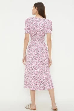 Robe Midi En Jersey Rose À Imprimé Fleuri Avec Taille Froncée