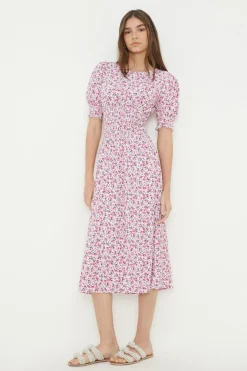 Robe Midi En Jersey Rose À Imprimé Fleuri Avec Taille Froncée