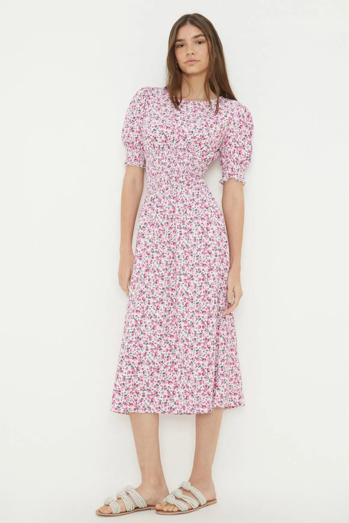 Robe Midi En Jersey Rose À Imprimé Fleuri Avec Taille Froncée