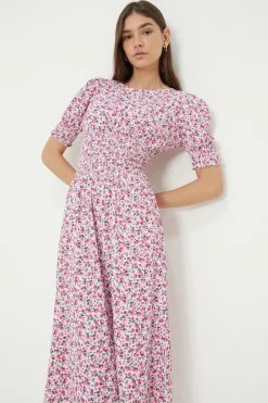 Robe Midi En Jersey Rose À Imprimé Fleuri Avec Taille Froncée