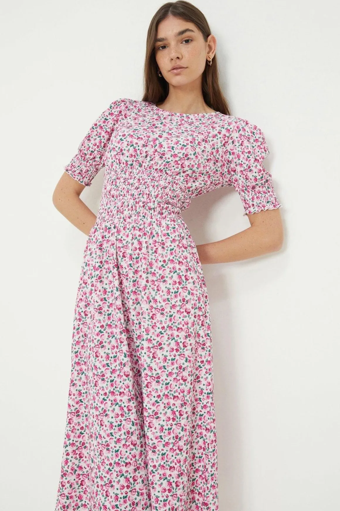 Robe Midi En Jersey Rose À Imprimé Fleuri Avec Taille Froncée