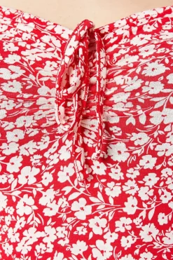 Robe Midi En Jersey Rouge À Imprimé Fleuri Ditsy Avec Décolleté Cœur Et Lien Noué Devant