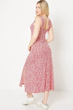 Robe Midi En Jersey Rouge À Imprimé Fleuri Ditsy Avec Décolleté Cœur Et Lien Noué Devant