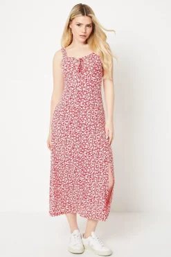 Robe Midi En Jersey Rouge À Imprimé Fleuri Ditsy Avec Décolleté Cœur Et Lien Noué Devant
