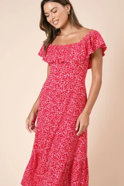 Dorothy Perkins Robe Midi En Jersey Rouge À Imprimé Fleuri Ditsy Avec Ourlet À Volants Étagé<Femme Robes|Robes Mi-Longues
