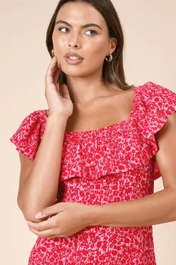 Dorothy Perkins Robe Midi En Jersey Rouge À Imprimé Fleuri Ditsy Avec Ourlet À Volants Étagé<Femme Robes|Robes Mi-Longues