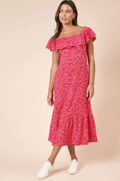 Dorothy Perkins Robe Midi En Jersey Rouge À Imprimé Fleuri Ditsy Avec Ourlet À Volants Étagé<Femme Robes|Robes Mi-Longues