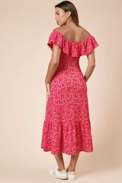 Dorothy Perkins Robe Midi En Jersey Rouge À Imprimé Fleuri Ditsy Avec Ourlet À Volants Étagé<Femme Robes|Robes Mi-Longues