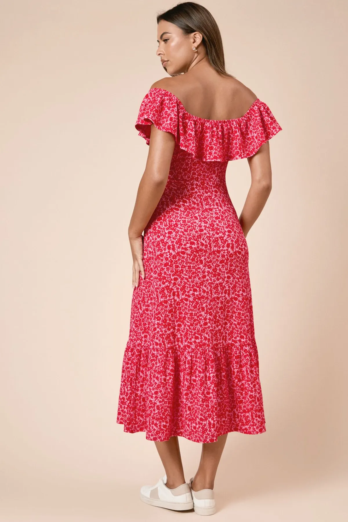 Dorothy Perkins Robe Midi En Jersey Rouge À Imprimé Fleuri Ditsy Avec Ourlet À Volants Étagé<Femme Robes|Robes Mi-Longues