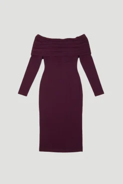 Robe Midi en Jersey Texturé Brossé à Épaules Dénudées