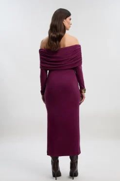 Robe Midi en Jersey Texturé Brossé à Épaules Dénudées