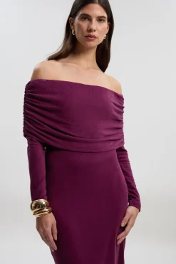 Robe Midi en Jersey Texturé Brossé à Épaules Dénudées