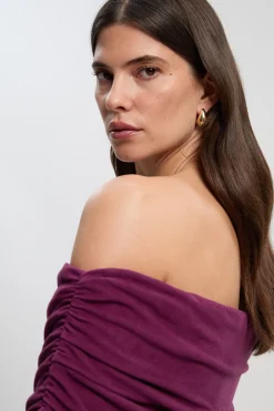 Robe Midi en Jersey Texturé Brossé à Épaules Dénudées