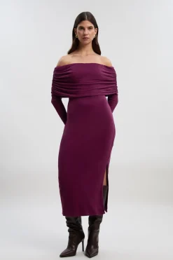 Robe Midi en Jersey Texturé Brossé à Épaules Dénudées