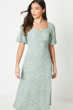 Robe Midi en Jersey Vert Petite à Manches Bouffantes et Fronces Devant