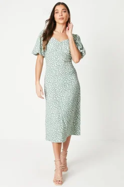 Robe Midi en Jersey Vert Petite à Manches Bouffantes et Fronces Devant
