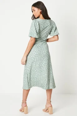 Robe Midi en Jersey Vert Petite à Manches Bouffantes et Fronces Devant