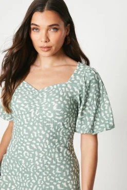 Robe Midi en Jersey Vert Petite à Manches Bouffantes et Fronces Devant